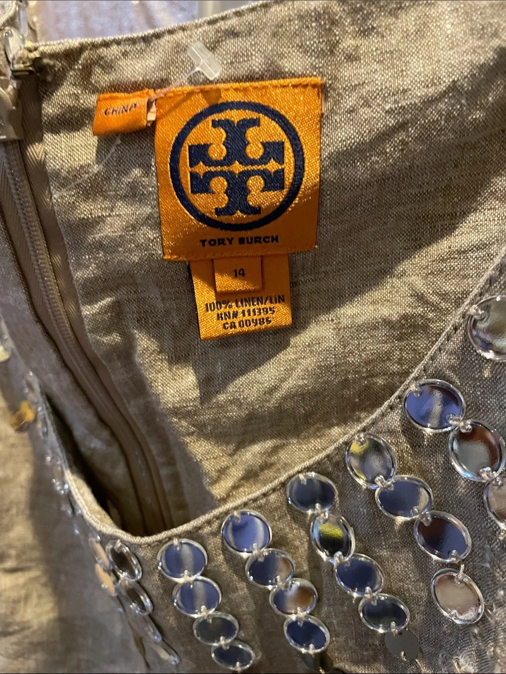 Tory Burch Linen Blend Embellished Tank in Light Gray with Iridescent Sequins